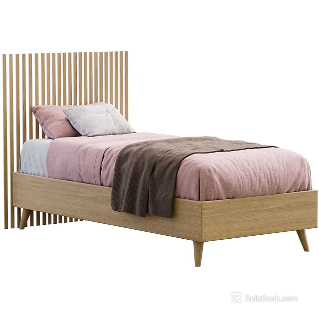 Single Bed With Wooden Vertical Slat Headboard Pink Bedspread And Gray Blanket 3d model 