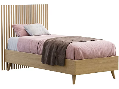 Single Bed With Wooden Vertical Slat Headboard Pink Bedspread And Gray Blanket 3d model