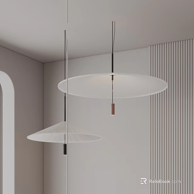 Modern Minimalist Pendant Lights With Two Different Shapes In White Interior With Vertical Striped Wall 3d model 