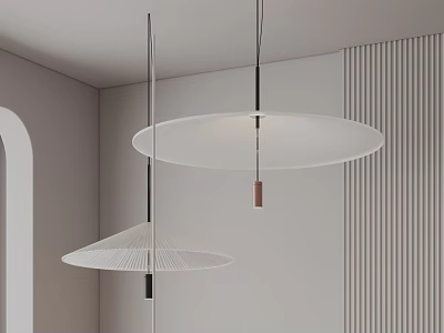 Modern Minimalist Pendant Lights With Two Different Shapes In White Interior With Vertical Striped Wall 3d model