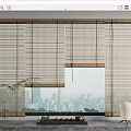 Bamboo Blinds in Modern Interior with City View and Potted Plant Tea Set on Table