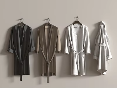 Various Colored Bathrobes Hanging On Wall As Soft Bathroom Accessories 3d model