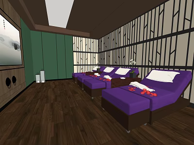 Beauty Hair Salon Interior With Purple Lounge Chairs Green Cabinets Wooden Flooring Striped Wall Decor 3d model