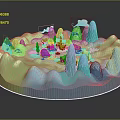 Cartoon Scenic Model With Green Blue Hills Small Houses Clouds And Trees