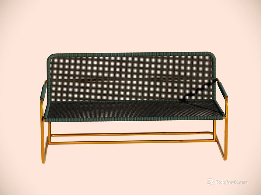 Modern Outdoor Bench With Green Woven Seat And Golden Metal Frame 3d model 