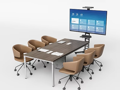 Modern Conference Table With Tan Office Chairs Large Screen Monitor And Papers On Surface 3d model