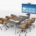 Modern Conference Table With Tan Office Chairs Large Screen Monitor And Papers On Surface