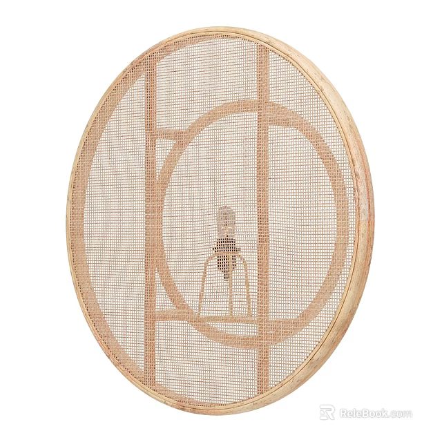 Circular Wooden Frame Wall Light With Rattan Mesh And Geometric Design 3d model 