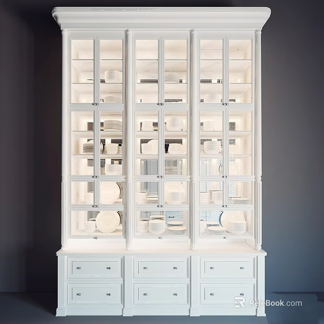 White Glass Storage Cabinet With Shelves Displaying Plates Bowls And Drawers 3d model 
