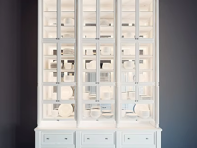 White Glass Storage Cabinet With Shelves Displaying Plates Bowls And Drawers 3d model