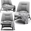 Gray Leisure Chair with High Back Pleated Plush Cushion Dark Wooden Legs and Patterned Blanket