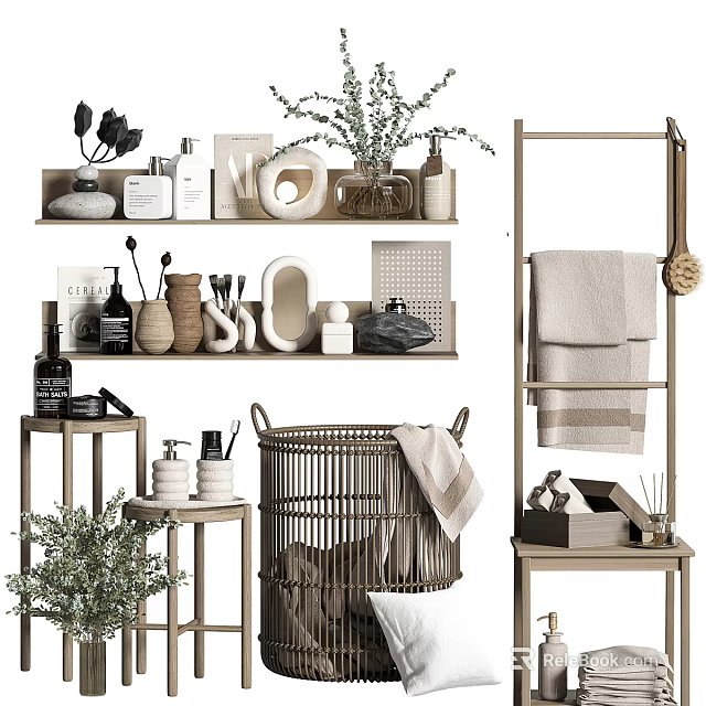 Stylish Bathroom Set Interior With Wooden Shelving Towel Rack Wicker Basket Green Plants And Toiletries 3d model 
