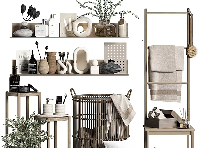 Stylish Bathroom Set Interior With Wooden Shelving Towel Rack Wicker Basket Green Plants And Toiletries 3d model