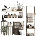 Stylish Bathroom Set Interior With Wooden Shelving Towel Rack Wicker Basket Green Plants And Toiletries
