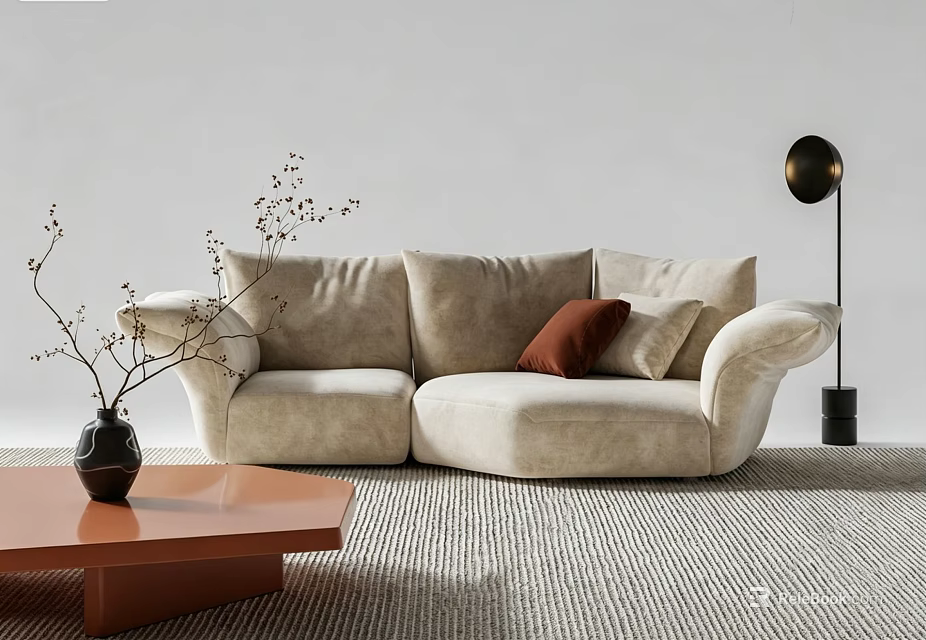 Beige Two Seater Sofa With Red And Light Cushions Brown Coffee Table Black Floor Lamp 3d model 