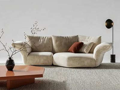 Beige Two Seater Sofa With Red And Light Cushions Brown Coffee Table Black Floor Lamp 3d model