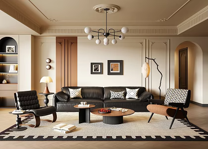 French Middle Style Living Room French Retro Living Room French Middle Style Sofa Combination Sofa Coffee Table Combination Cross Hall Black and White Grey Living Room French Leisure Chair French Coffee Table 3d model