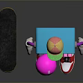 Playful Electronic Device with Blue Body Pink Joystick Buttons White Gloves Red White Sneakers Skateboard