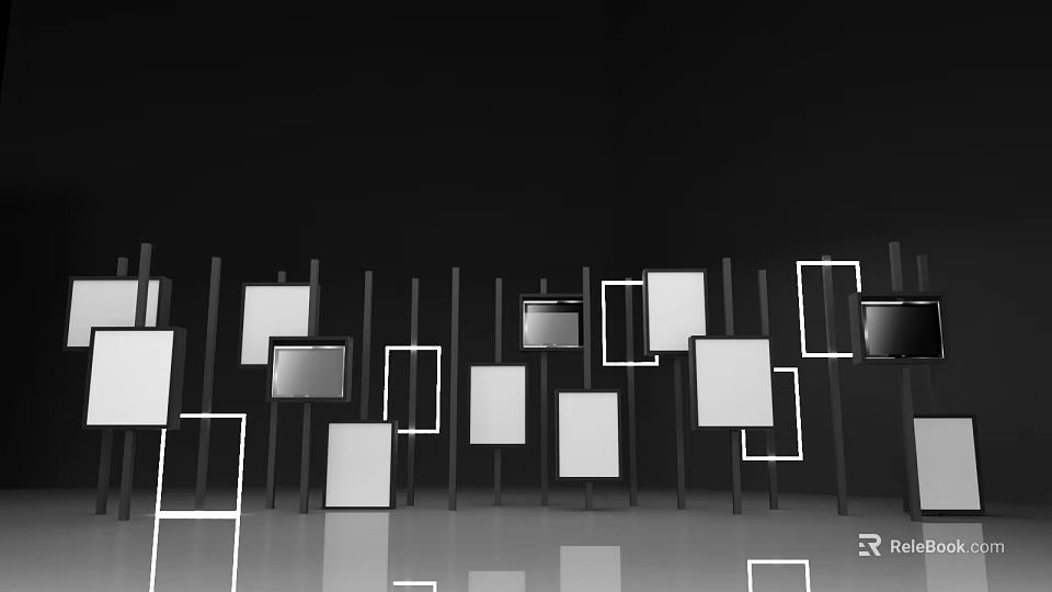 Abstract Black And White Geometric Shapes Arranged On Stand Structure With Reflective Floor 3d model 
