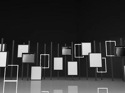 Abstract Black And White Geometric Shapes Arranged On Stand Structure With Reflective Floor 3d model