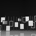 Abstract Black And White Geometric Shapes Arranged On Stand Structure With Reflective Floor