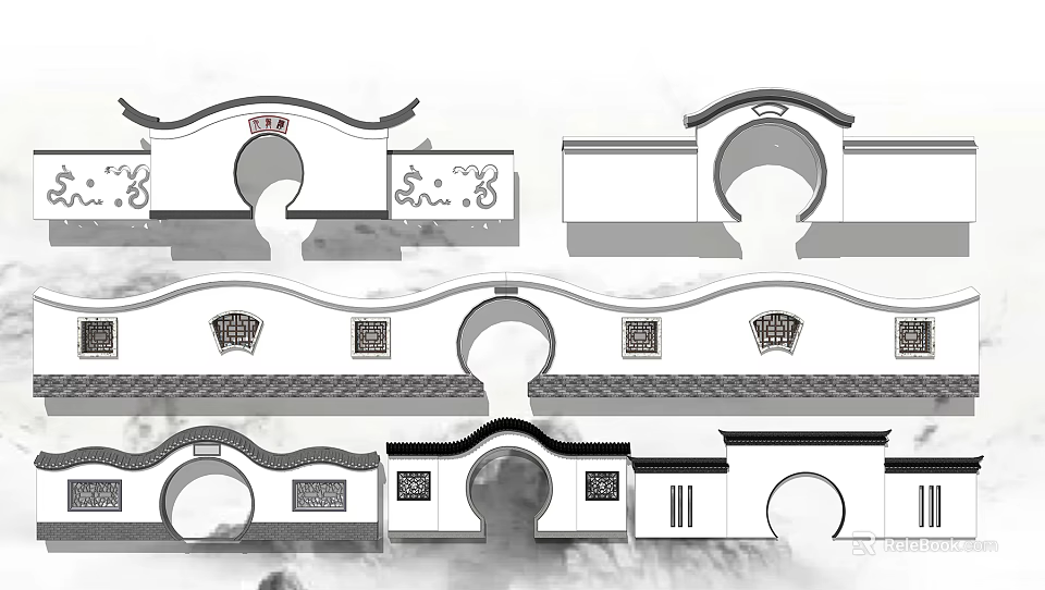 Traditional Chinese Building Facade Design With Circular Archways Tile Roofs and Ornamental Carvings 3d model 