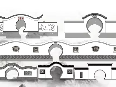 Traditional Chinese Building Facade Design With Circular Archways Tile Roofs and Ornamental Carvings 3d model