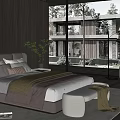 Modern Bedroom Interior With Dark Wooden Walls Slatted Ceiling Large Bed And Scenic View