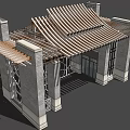 Traditional Entrance Gate Design Featuring Wooden Striped Roof Gray Brick Walls And Glass Door