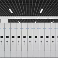 White Compact Shelving Units With Small Panels Round Handles Black Grid Ceiling And White Lights