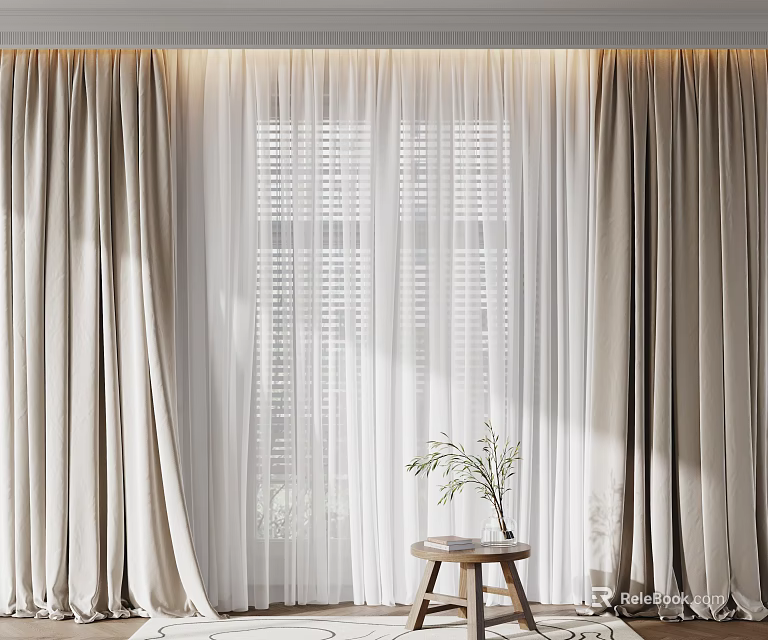 Elegant Beige Curtains With White Sheers At Window With Natural Light And Plant On Stool 3d model 