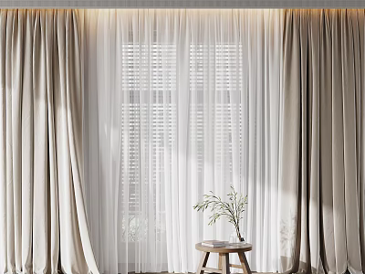Elegant Beige Curtains With White Sheers At Window With Natural Light And Plant On Stool 3d model