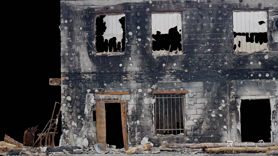 Burned Building Exterior With Damaged Walls Broken Windows Fallen Bricks And Debris At Entrance 3d model 
