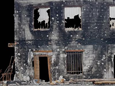 Burned Building Exterior With Damaged Walls Broken Windows Fallen Bricks And Debris At Entrance 3d model
