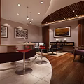 Elegant Leisure Area Interior With Wooden Decor Round Bar Counter Red Stools Sofa And Artworks