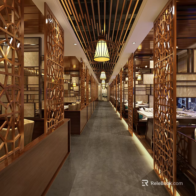 Traditional Chinese Hotpot Restaurant Interior Design With Wooden Carved Partitions Pendant Lights And Dining Tables 3d model 
