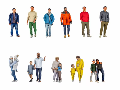 Diverse Group of People with Adults Children in Casual Jackets Sweaters and Different Poses 3d model