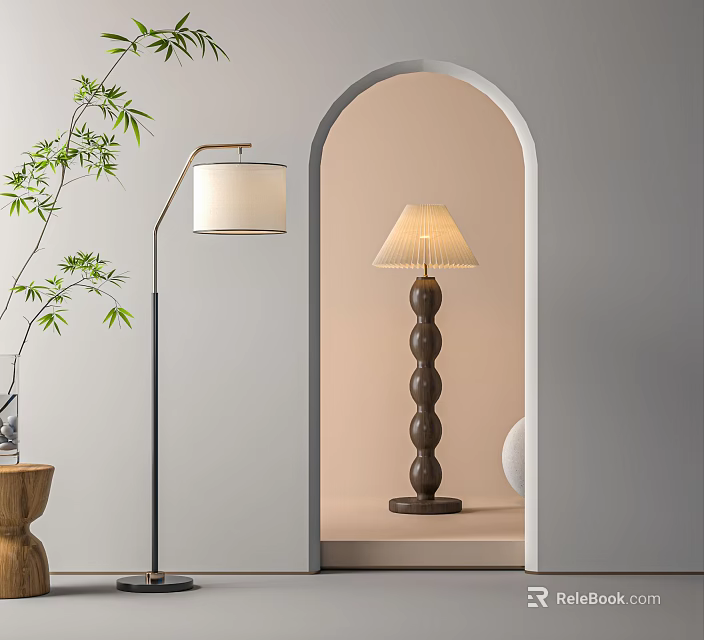 Modern Floor Lamp With Arched Arm And Light Shade In Archway Interior With Green Plant 3d model 