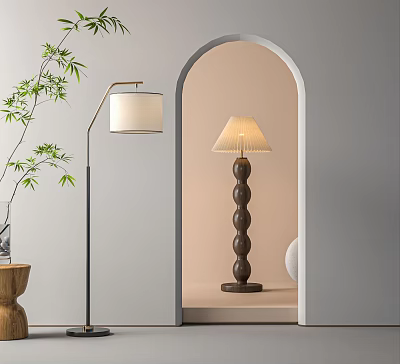 Modern Floor Lamp With Arched Arm And Light Shade In Archway Interior With Green Plant 3d model