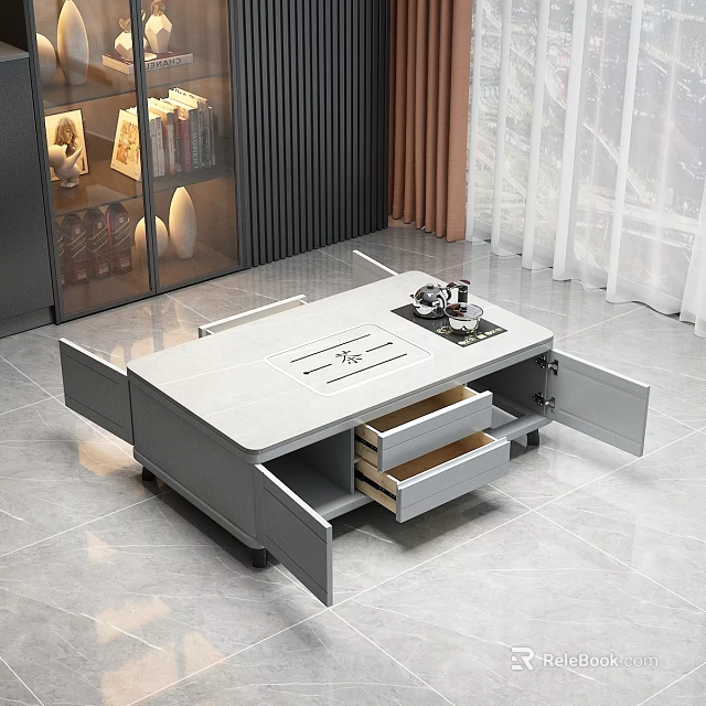 Modern Gray Coffee Table With Open Storage Drawers And Tea Set On Stone Top 3d model 