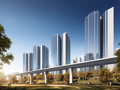 Modern High Rise Residential Landscape With Elevated Track Green Spaces And Trees Under Sunlight 3d model