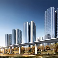 Modern High Rise Residential Landscape With Elevated Track Green Spaces And Trees Under Sunlight