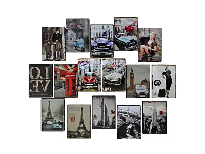Decorative Wall Art Collection With Vintage City Landmarks Retro Cars And Love Theme 3d model