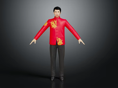 Traditional Red Chinese Style Top With Golden Patterns And Dark Pants Black Shoes 3d model