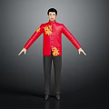 Traditional Red Chinese Style Top With Golden Patterns And Dark Pants Black Shoes
