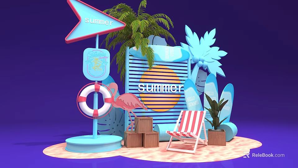 Vibrant Summer Themed Decor With Lifeguard Sign Flamingo Beach Chair And Palm Tree 3d model 