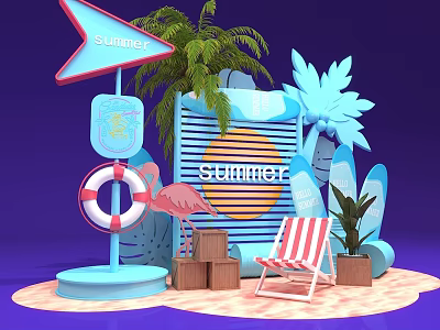 Vibrant Summer Themed Decor With Lifeguard Sign Flamingo Beach Chair And Palm Tree 3d model