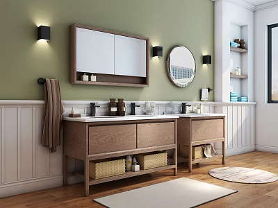 Green Wall Bathroom Wooden Double Washbasin Vanity With Cabinet Round Mirrors Wall Sconces And Baskets 3d model