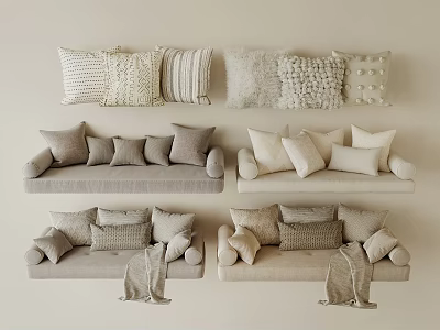 Neutral Toned Sofas With Various Textured Pillows And Throw Blankets 3d model