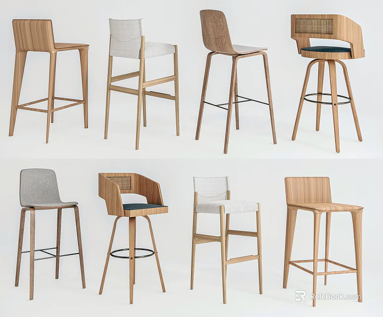 Various Modern Bar Stools With Wooden Structures And Diverse Back Designs 3d model 